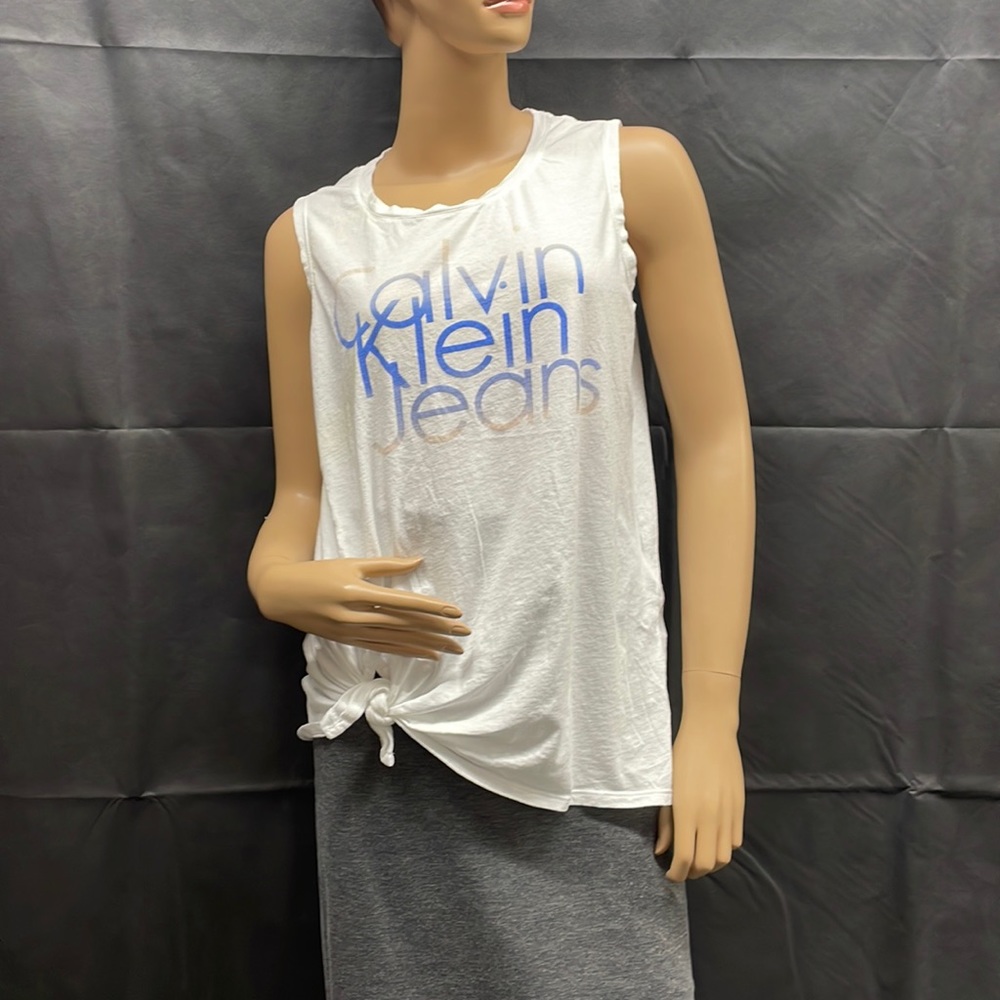 Calvin Klein Jeans White with Logo Sleeveless Tee Shirt